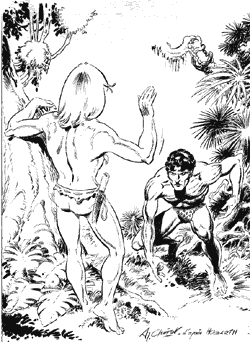Tarzan et Rahan : pas de confusion possible. Dessin de Chéret d'aprés Hogarth.
